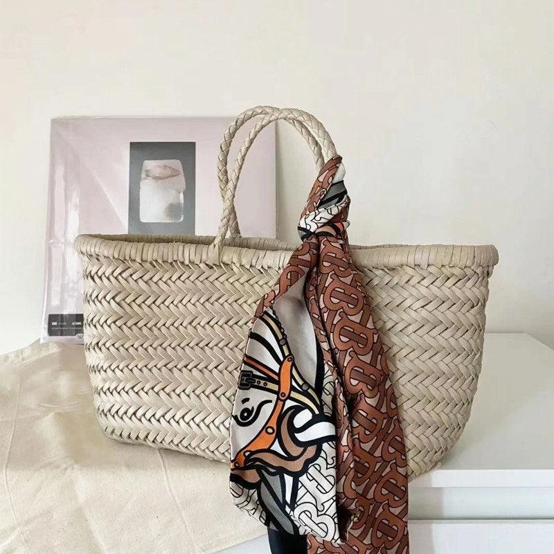 Handcrafted Grain Leather Summer Woven Bag, Woven Triple Jump Bamboo Style HandBag, Beach Bag, Basket Bag, Forest Green, Blue, White Lightweight Organizer Daily Carry Gear