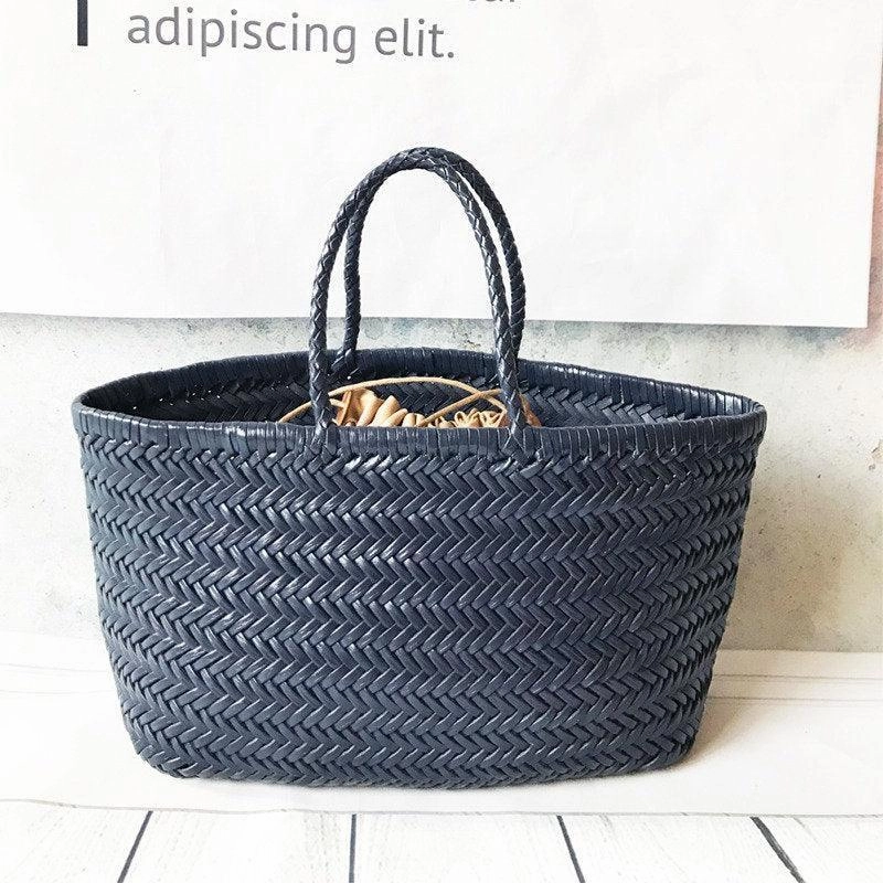 Elegant Durability Handcrafted Grain Leather Summer Woven Bag, Woven Triple Jump Bamboo Style HandBag, Beach Bag, Basket Bag, Forest Green, Blue, White