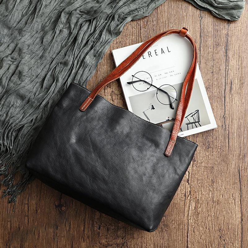 Women Pure Leather Tote Bag | Large Italian Leather Handcrafted Shopper Bag | Spacious Durable | Full Grain Leather | Black Colour Timeless Design Everyday Essential