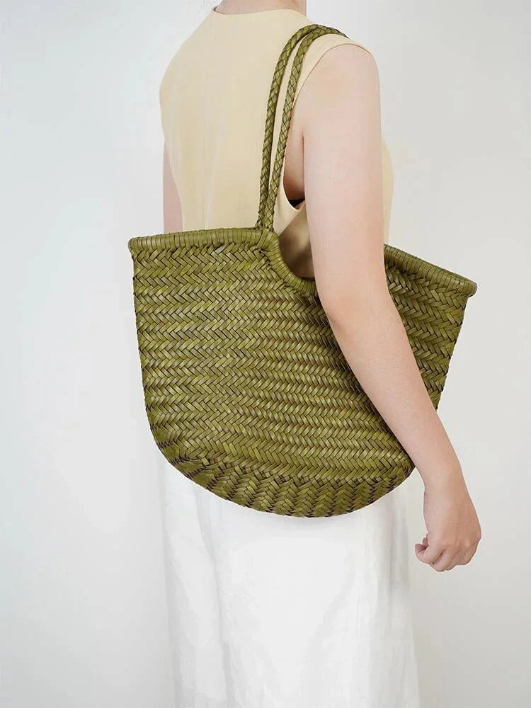 Outdoor Lifestyle Handmade Green Woven Leather Tote Bag, Full Grain Leather Hand Woven Triple Jump Bamboo Ladies HoBo Bag, Curve Opening Summer Holiday Basket Bag