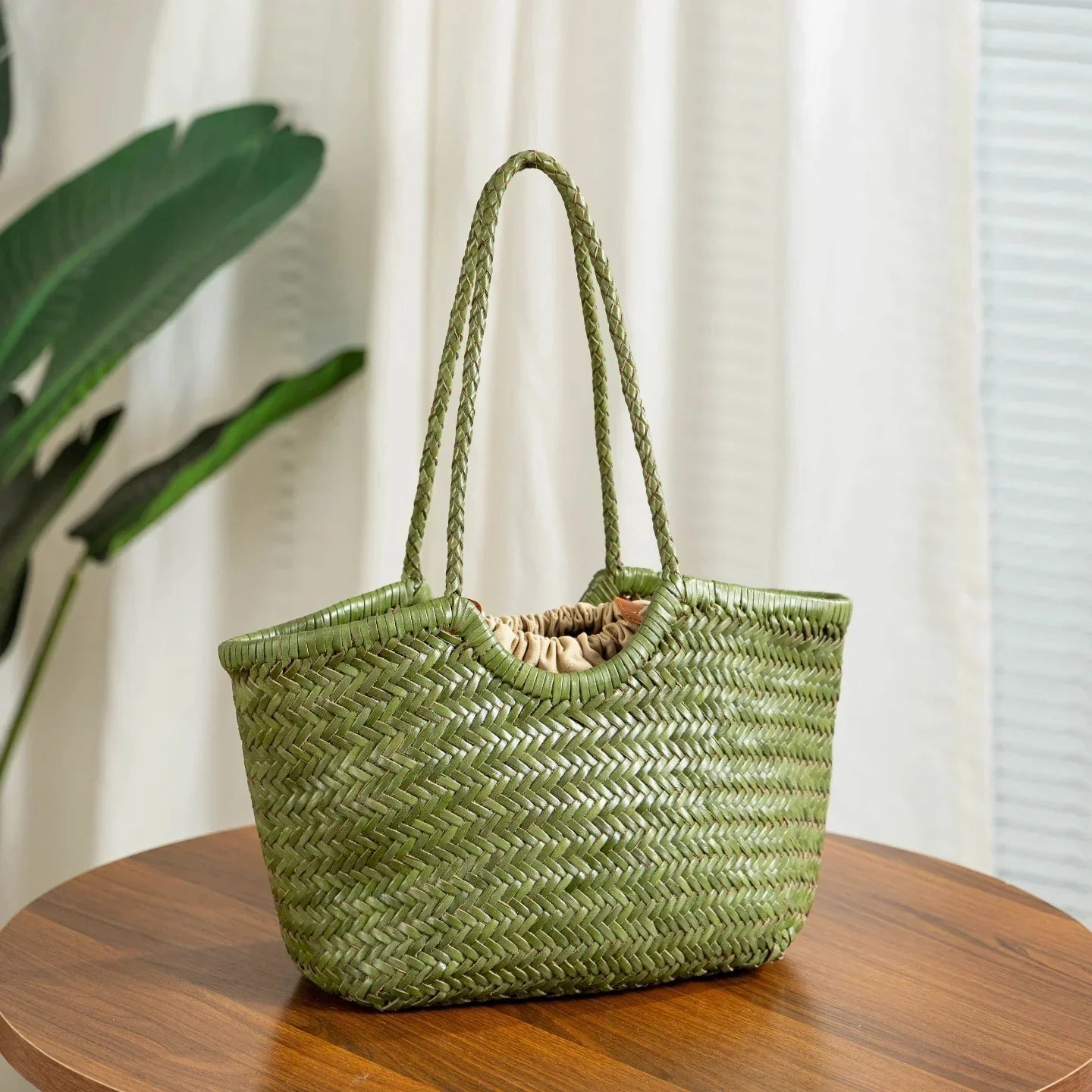Weekend Style Lightweight Functionality Handmade Green Woven Leather Tote Bag, Full Grain Leather Hand Woven Triple Jump Bamboo Ladies HoBo Bag, Curve Opening Summer Holiday Basket Bag