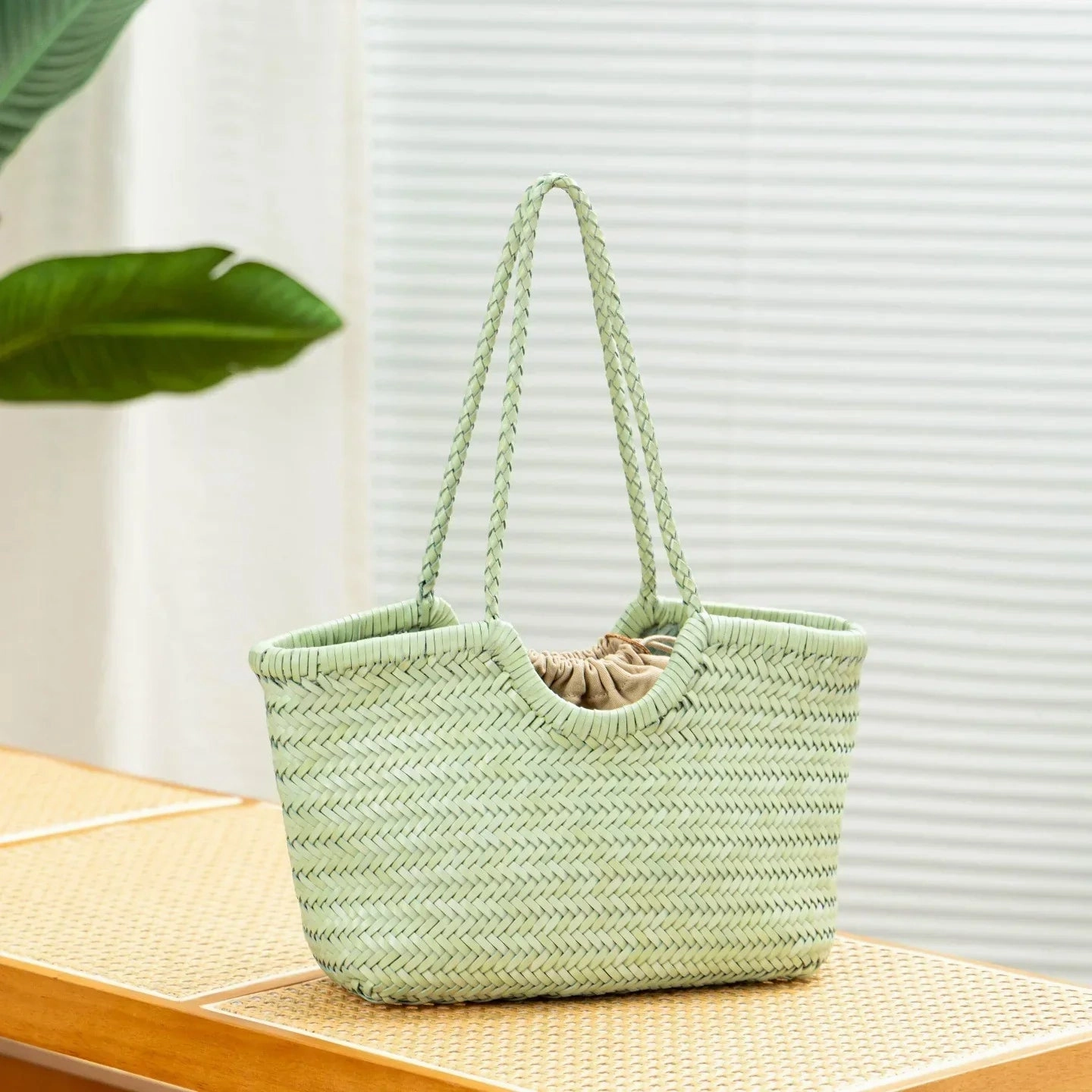 Weekend Companion Handmade Green Woven Leather Tote Bag, Full Grain Leather Hand Woven Triple Jump Bamboo Ladies HoBo Bag, Curve Opening Summer Holiday Basket Bag