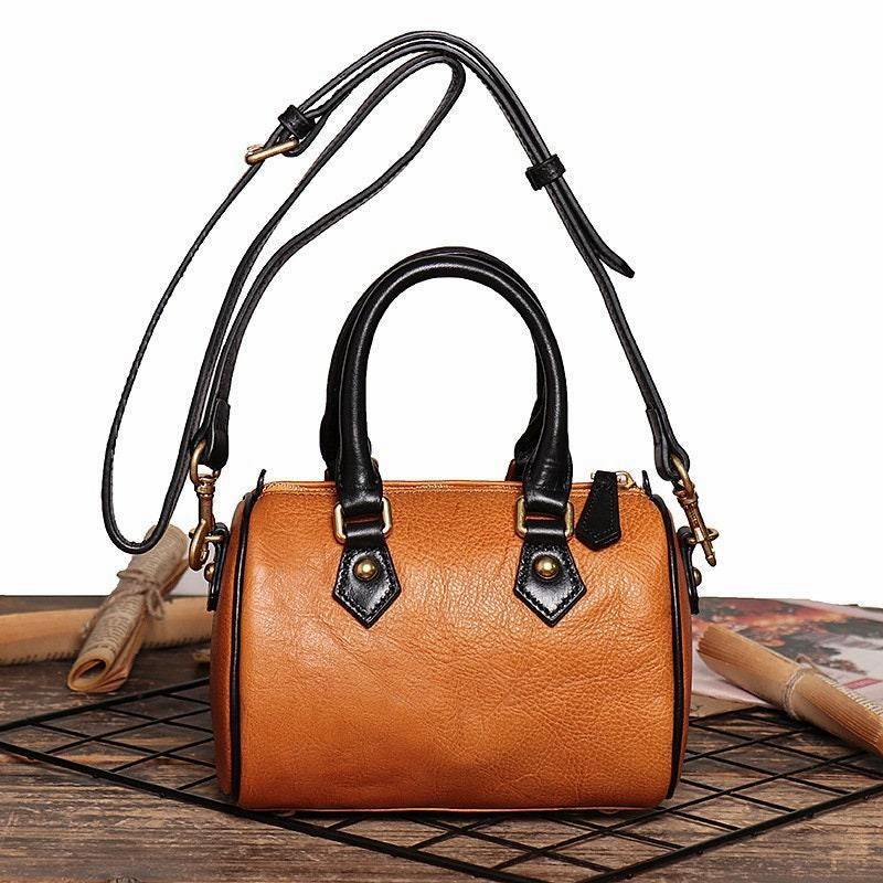Small Italy Cowhide Leather Boston Bag, Vintage Shoulder Bag, Camel Brown Handbag With Natural Leather, Handmade Shoulder Bag, Leather Purse Outdoor Explorer Casual Style