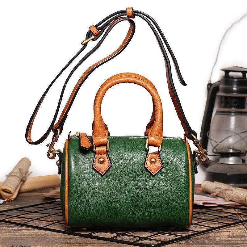 Small Italy Cowhide Leather Boston Bag, Vintage Shoulder Bag, Camel Brown Handbag With Natural Leather, Handmade Shoulder Bag, Leather Purse Portable Organizer