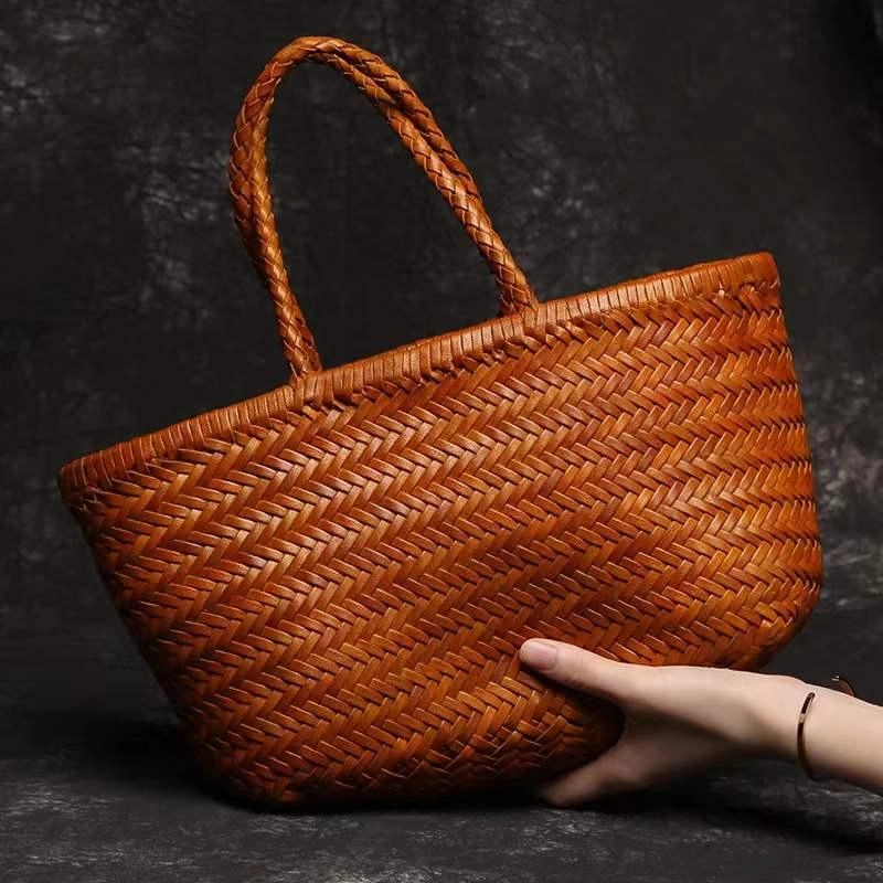 Compact Shape Lightweight Travel Soft Woven Italian Leather Tote Bag | Italian Woven Italian Slouchy Bag, Handmade Woven Leather Purse, Gift for Her
