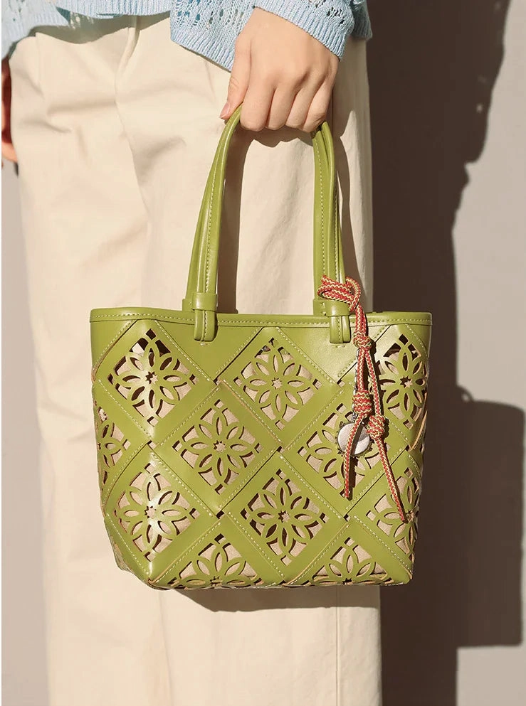 Outdoor Lifestyle Functional Functionality Summer Handmade Leather Tote Bag, Hollow Carved Basket Shoulder Bag, Designer Cowhide Handbag for Wome