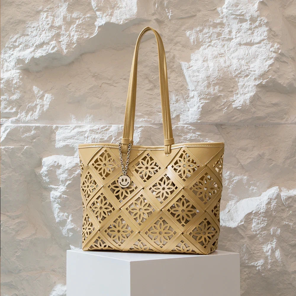 Durable Travel Modern Everyday Summer Handmade Leather Tote Bag, Hollow Carved Basket Shoulder Bag, Designer Cowhide Handbag for Wome