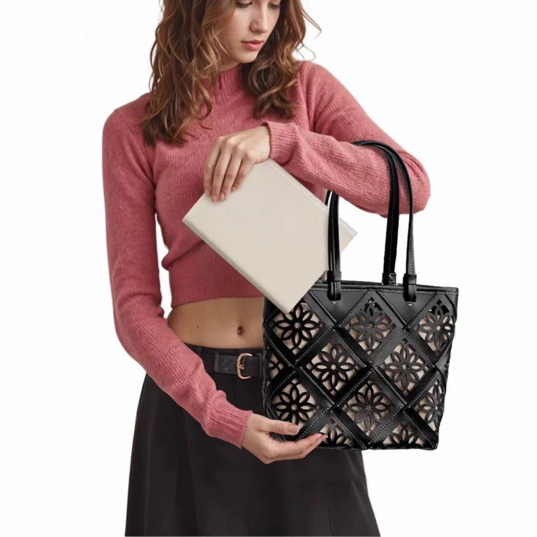 Durable Fabric Stylish Functionality Summer Handmade Leather Tote Bag, Hollow Carved Basket Shoulder Bag, Designer Cowhide Handbag for Wome