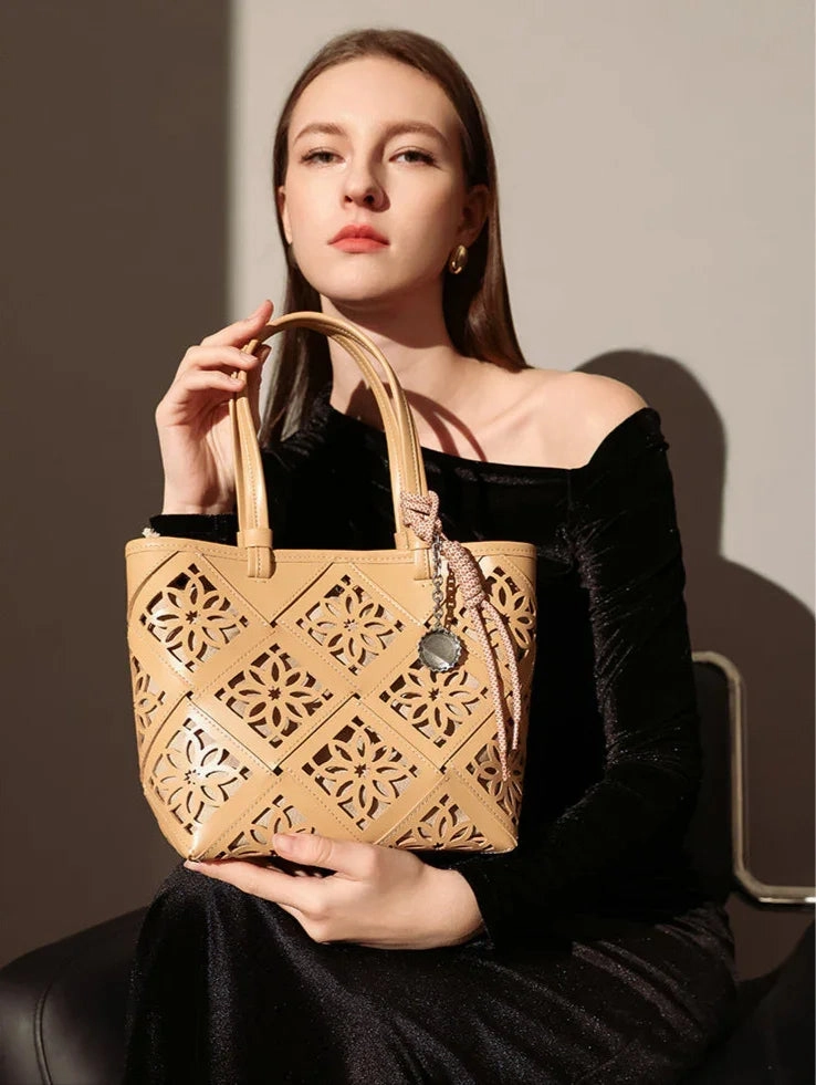 Outdoor Lifestyle Summer Handmade Leather Tote Bag, Hollow Carved Basket Shoulder Bag, Designer Cowhide Handbag for Wome