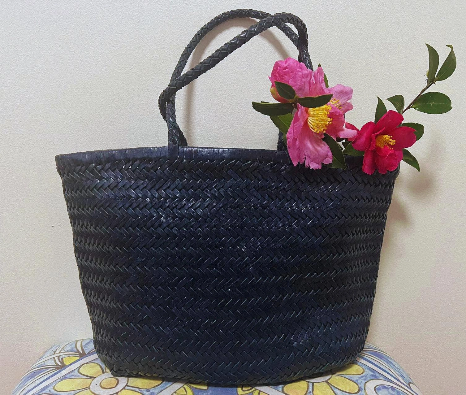 Compact Gear Navy Handcrafted Woven Leather Tote Bag, Full Grain Leather Hand Woven Triple Jump Bamboo Ladies HoBo Bag, Flat Opening Summer Holiday Bag