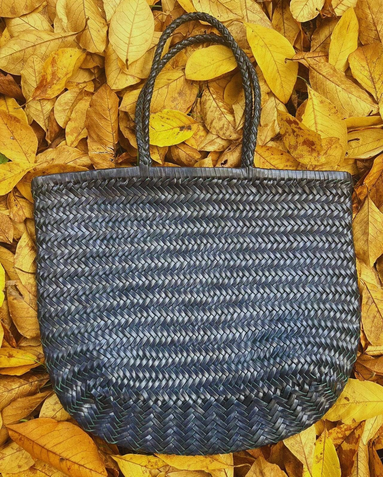 Compact Fit Navy Handcrafted Woven Leather Tote Bag, Full Grain Leather Hand Woven Triple Jump Bamboo Ladies HoBo Bag, Flat Opening Summer Holiday Bag