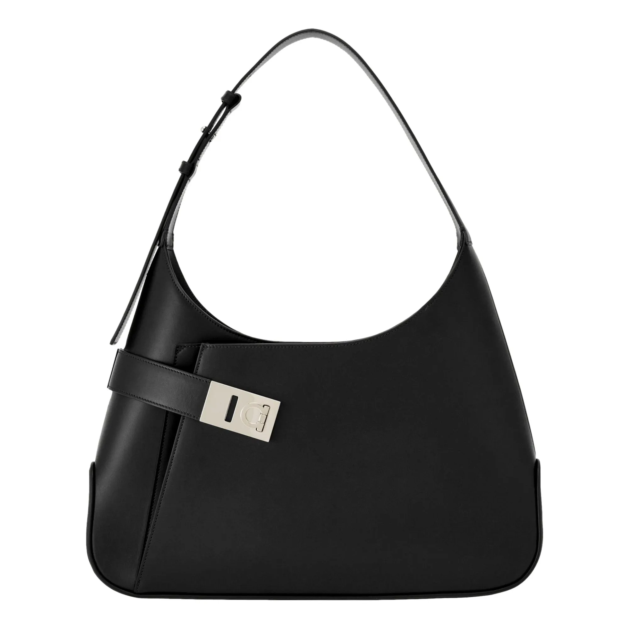 Stylish Detail Ferragamo Arch Black Brushed Leather Hobo Shoulder Bag