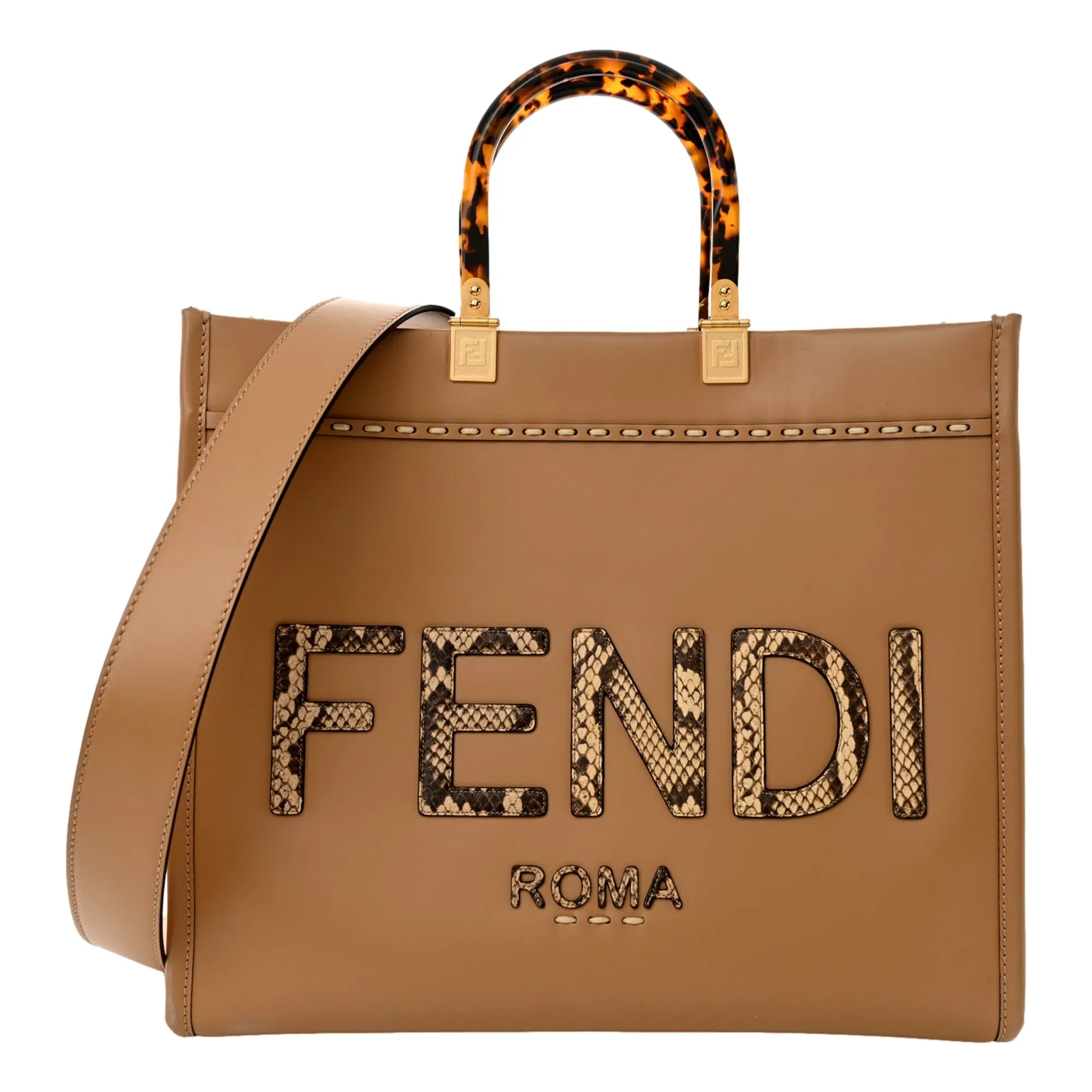 Fendi Sunshine Tan Leather Snake Print Logo Large Tote Timeless Attitude