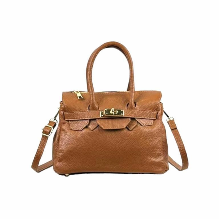 Luxury Evening Versatile Look Chenson & Gorett Italian Leather Top Handle Handbag with Decorative Front in Brown