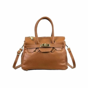Luxury Evening Versatile Look Chenson & Gorett Italian Leather Top Handle Handbag with Decorative Front in Brown