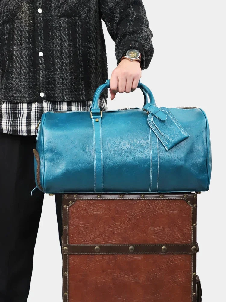 Easy Access The Embossed Weekender | Handmade Full Grain Crazy Horse Leather Duffle Bag, Vintage Weekender Travel Bag for Men & Women  | Carry-On Gym Overnight Bag, Ladies Leather Travel Bag