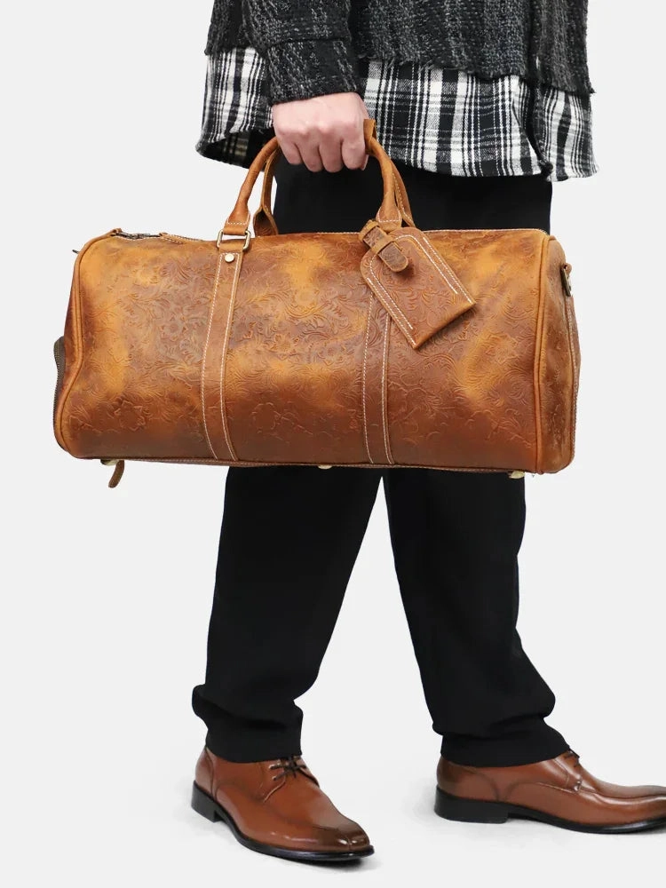 The Embossed Weekender | Handmade Full Grain Crazy Horse Leather Duffle Bag, Vintage Weekender Travel Bag for Men & Women  | Carry-On Gym Overnight Bag, Ladies Leather Travel Bag Urban Adventure Lightweight Gear