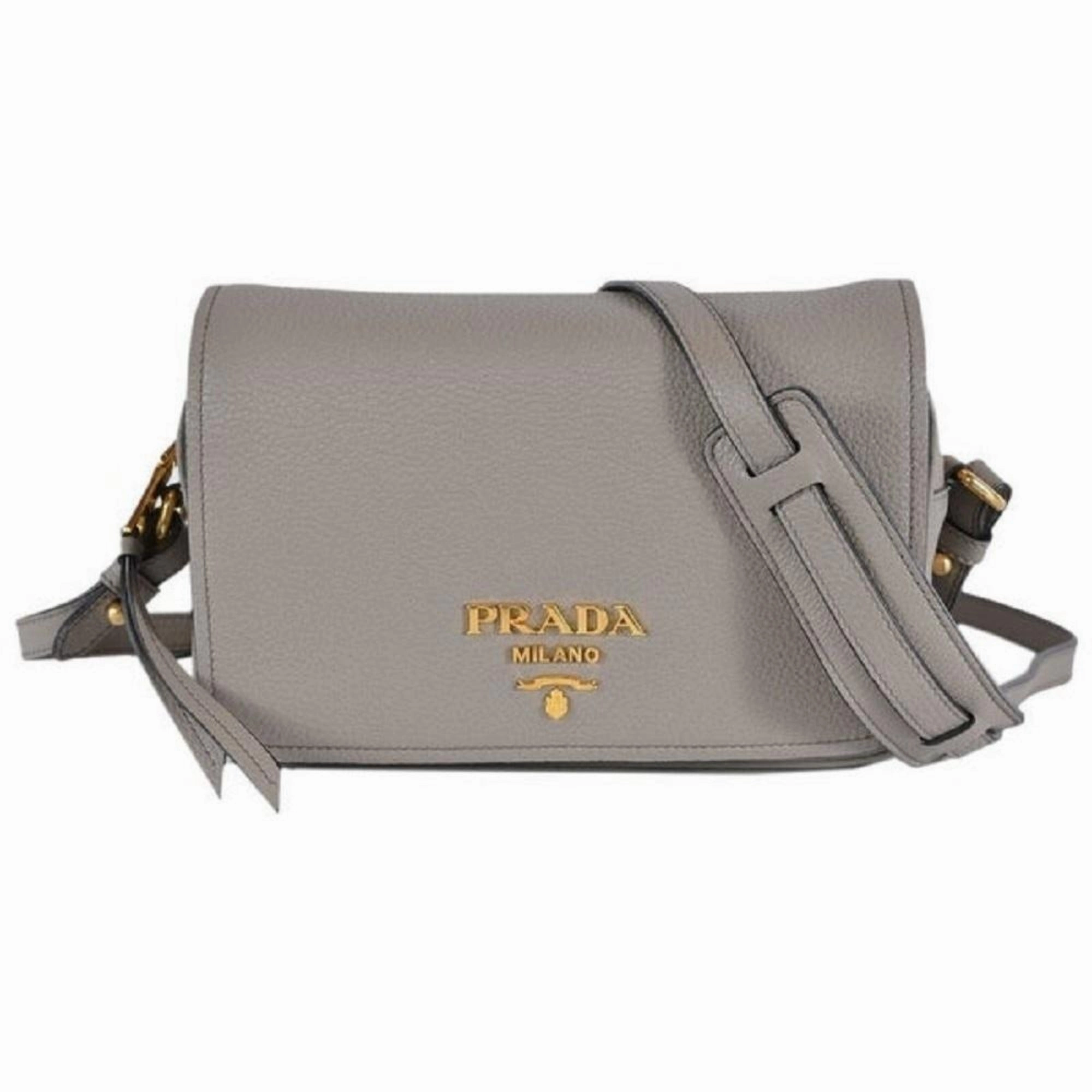 Work Essential Prada Vitello Phenix Argilla Grey Leather Flap Crossbody Bag