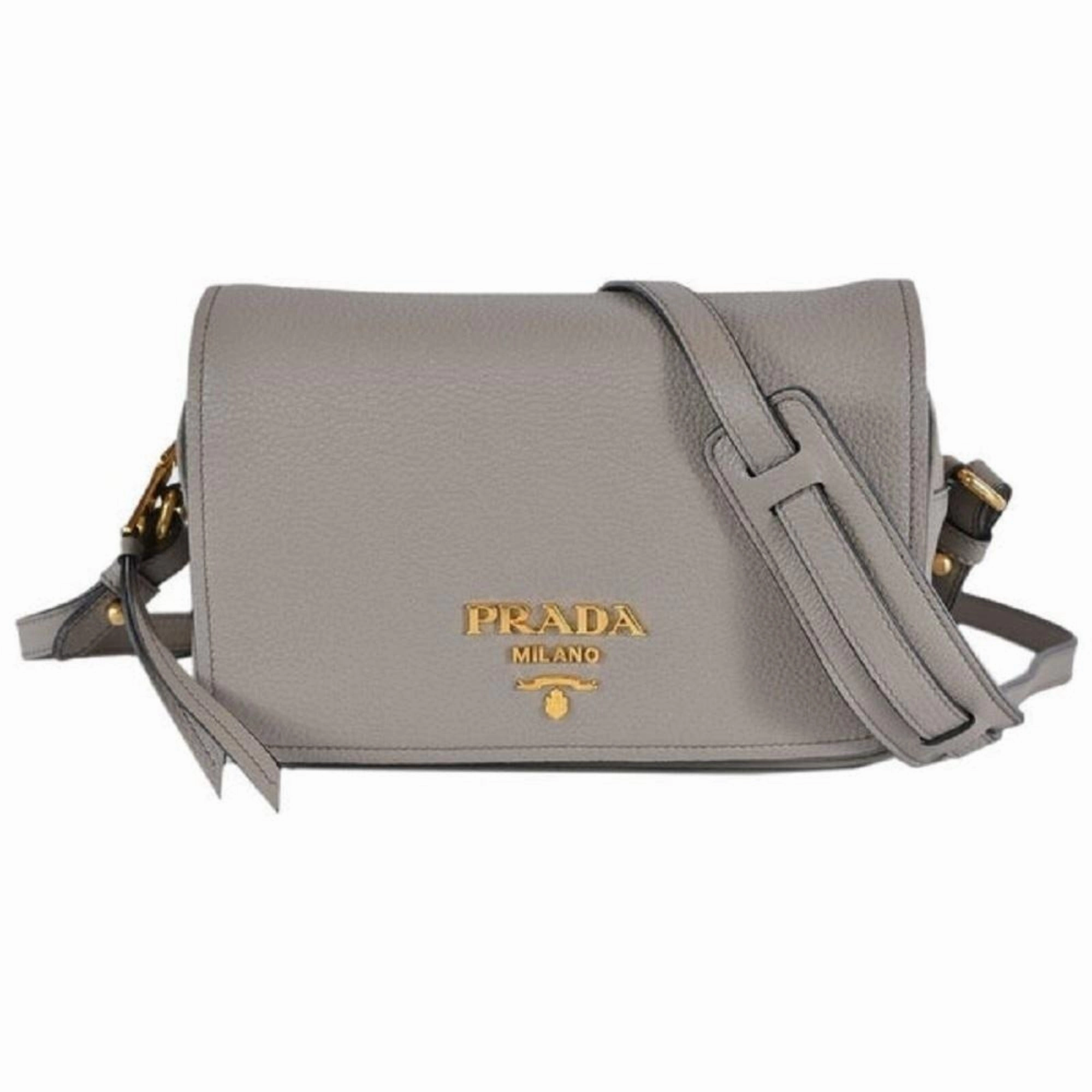 Prada Vitello Phenix Argilla Grey Leather Flap Crossbody Bag Perfect size for daily use whether at work or play Provides the flexibility of a versatile accessory for all occasions