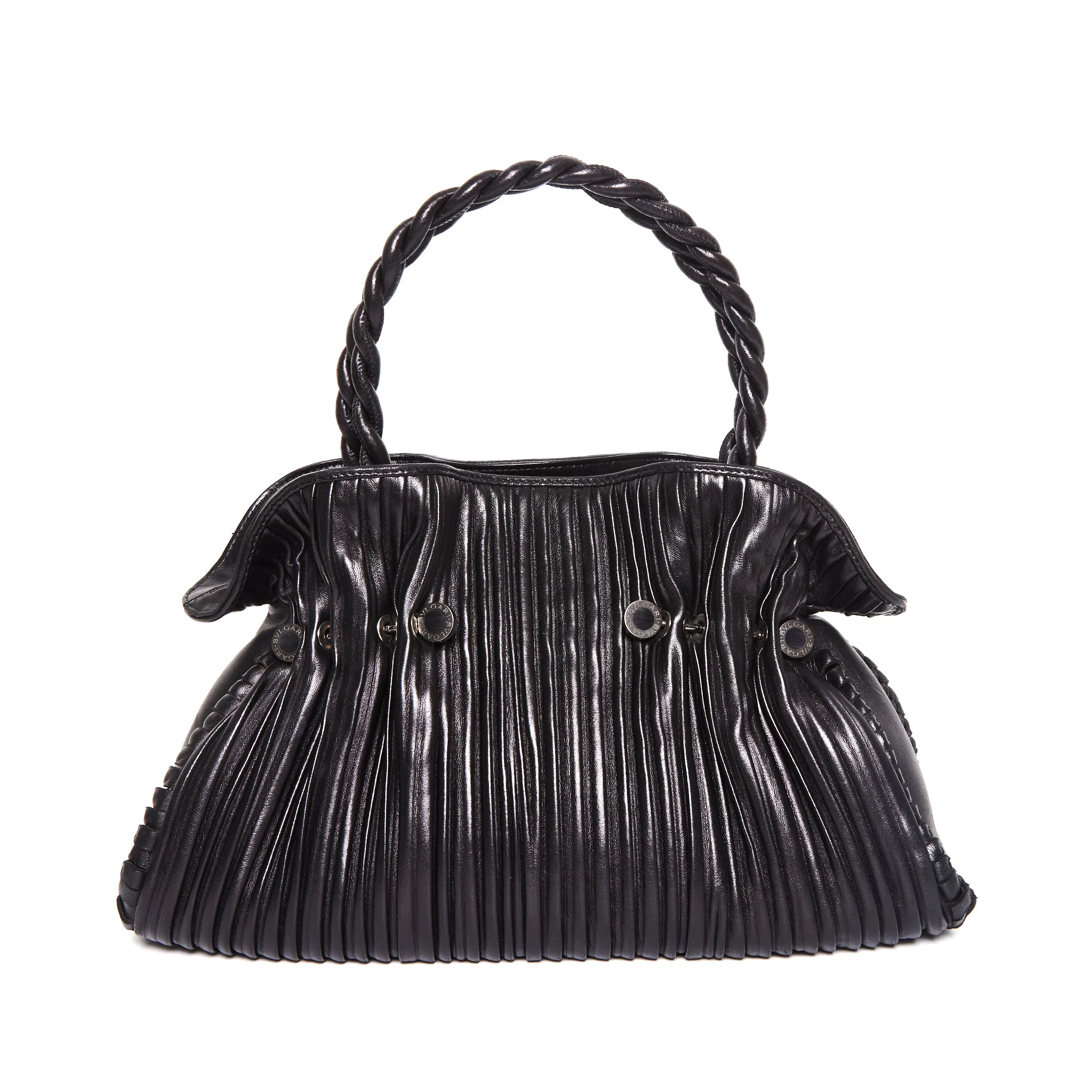 Chic leather clutch Street Outfit BVLGARI Black Leather Twistino Tina Tote