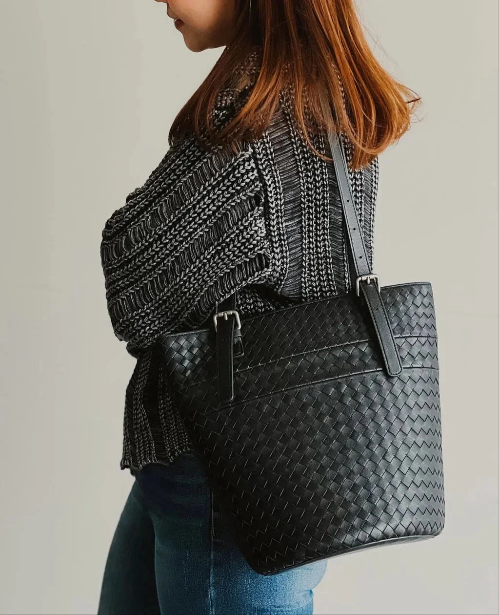 Trendy Lifestyle Artisan Sheepskin Bucket Shoulder Bag, Handcrafted Colour-block Weave Bag, Woven Leather Bag | Elegant Wedding Gift