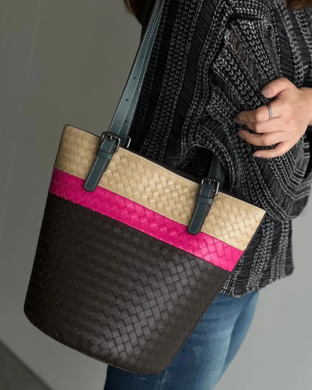 Artisan Sheepskin Bucket Shoulder Bag, Handcrafted Colour-block Weave Bag, Woven Leather Bag | Elegant Wedding Gift Refined Look Eco Friendly