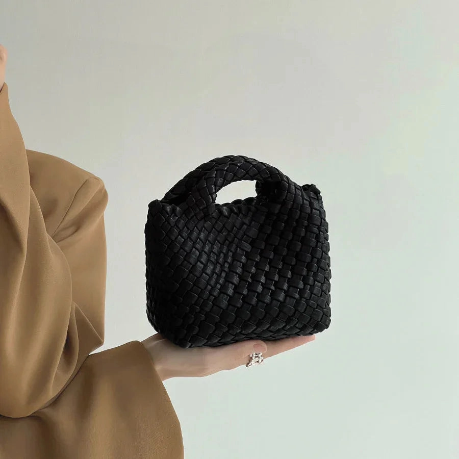 Timeless Design Handwoven Vegan Leather Mini Bucket Bag, Leather Basket Handbag   Crossbody Chain (20  Colours)