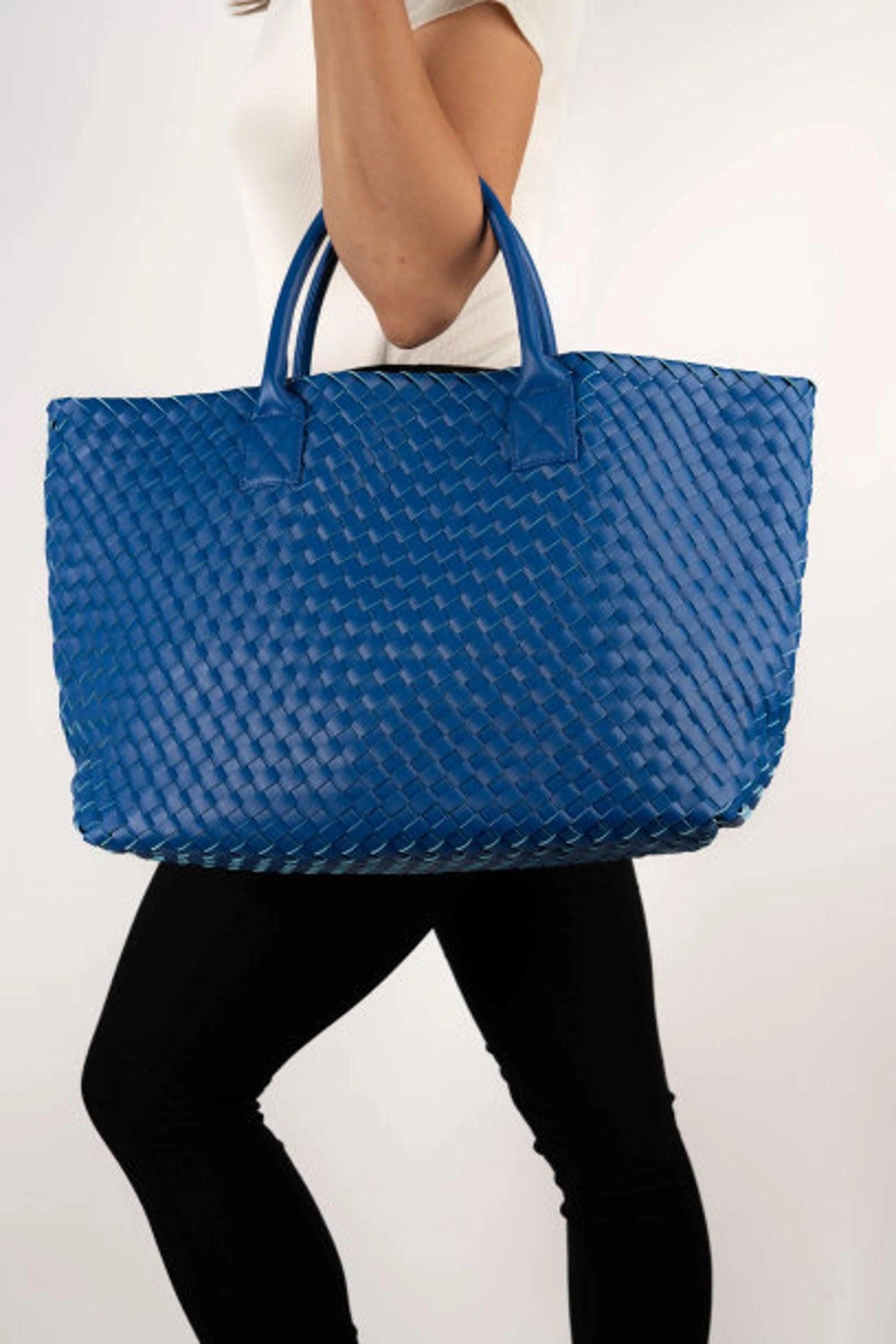 Sustainable Choice Workday Function Large Handwoven Vegan Leather Tote/Weekend Bag in Onyx I Trendy Boutique Style ! Handmade Gift for Her