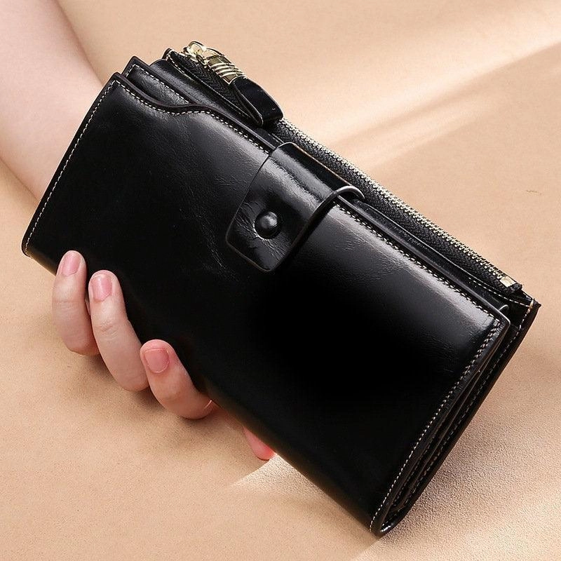 Street Utility Elegant Oil Wax Leather Wallet, Large Leather Purse Wallets, Black multicolour, Real Leather Purse, Handmade