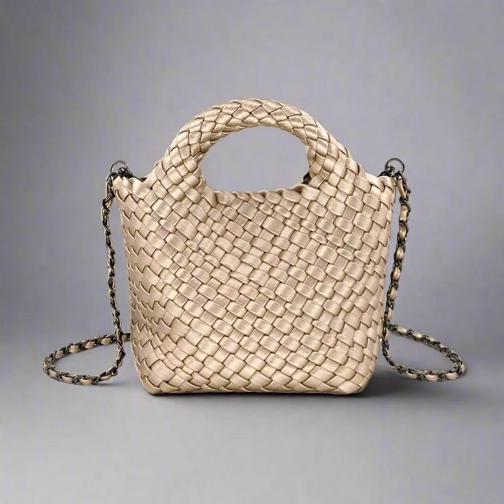 Emaline Champagne Mini Tote BC Bag with Braided Strap Chic Weekend Modern Aesthetic