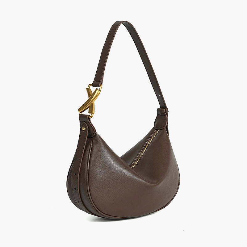 Modern Function Smart Outfit Luna Crescent Shoulder Bag ?C Black Genuine Leather with Gold Hardware