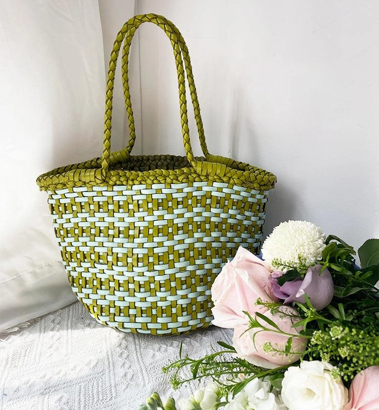 Modern Utility Handwoven Cowhide Leather Bucket Bag, Vintage Two-tone Woven Cowhide Handbag, French-Style Basket Bag, Handmade Shoulder Bag for Women