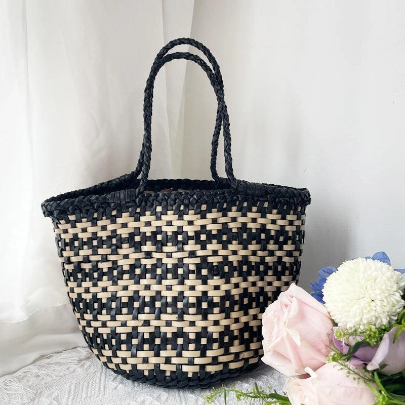 Handwoven Cowhide Leather Bucket Bag, Vintage Two-tone Woven Cowhide Handbag, French-Style Basket Bag, Handmade Shoulder Bag for Women Stylish Design