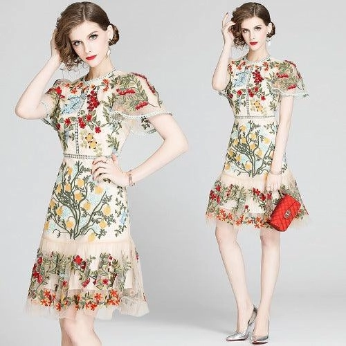 Fashion Runway Handcrafted Summer Dress Women's Flare Sleeve Floral Embroidery Elegant Mesh Hollow Out Mini Dresses Comfort Wear Casual Companion