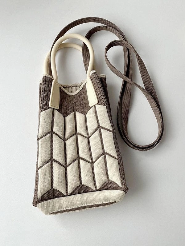 Durable Utility Portable Travel Coffee & Ivory Contrast Geometric Knit Bag with Silicone Handle and Long Knit Strap