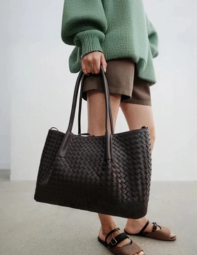 Compact Shape Urban Function Handwoven Lambskin Leather Tote Bag | Woven Shoulder Bag for Women | Luxury Designer Handbag with Top Handles & Crossbody Strap