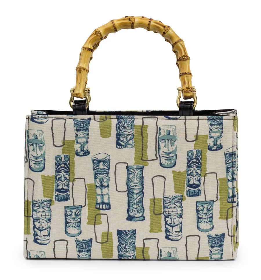 Green Retro Tiki Bamboo Handle Handbag Contemporary Accent