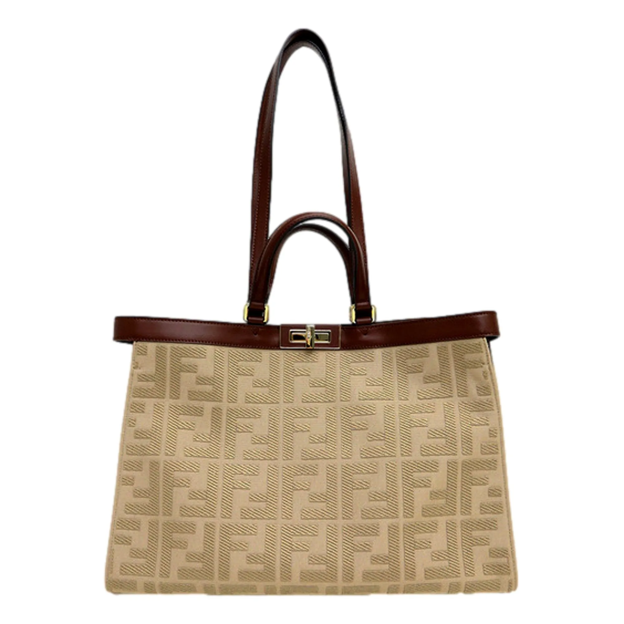 Elegant Line Fendi FF Peekaboo X-Lite Brown Beige Canvas and Leather Tote