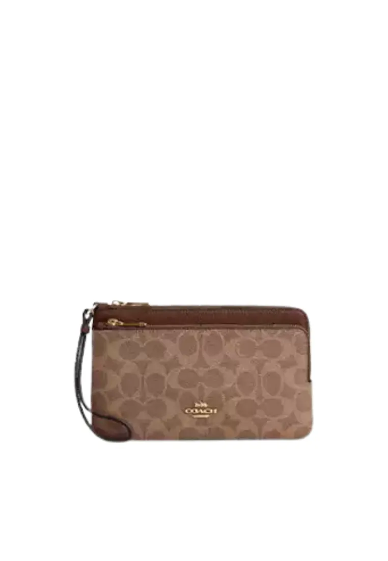 Quick Grab Coach Double Zip Signature Canvas Wallet In Tan Brown CX161