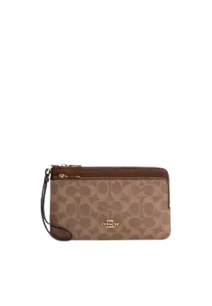 Quick Grab Coach Double Zip Signature Canvas Wallet In Tan Brown CX161