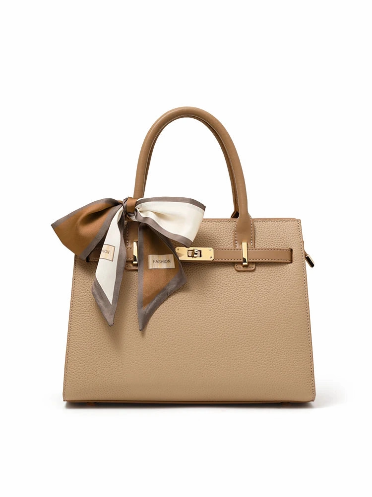 Comfort Everyday Charlotte | Beige Structured Handbag with Scarf ?C Elegant & Chic