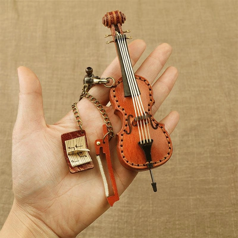 Comfort Companion Handcrafted Full Grain Leather Mini Violin & Double Bass Bag Charm ?C Leather Musical Instrument Keychain Decoration