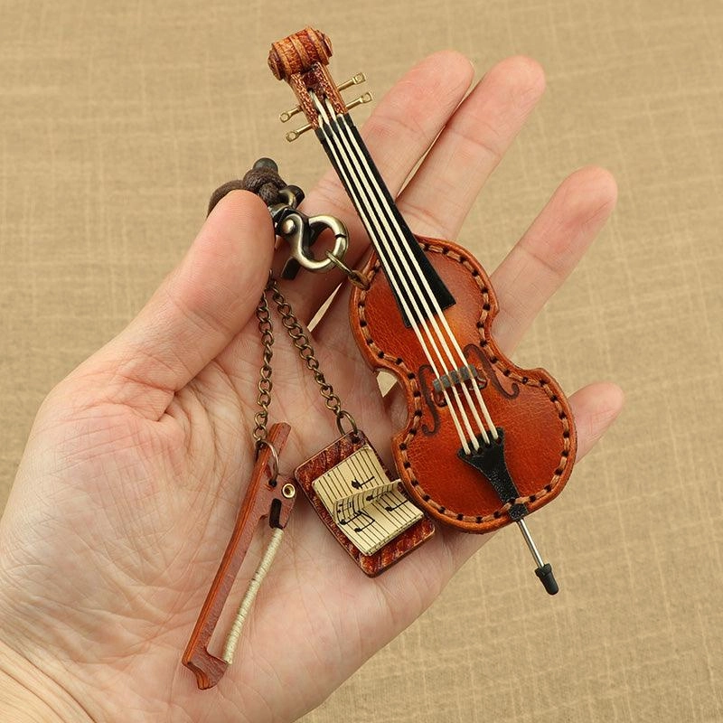 Workday Function Handcrafted Full Grain Leather Mini Violin & Double Bass Bag Charm ?C Leather Musical Instrument Keychain Decoration