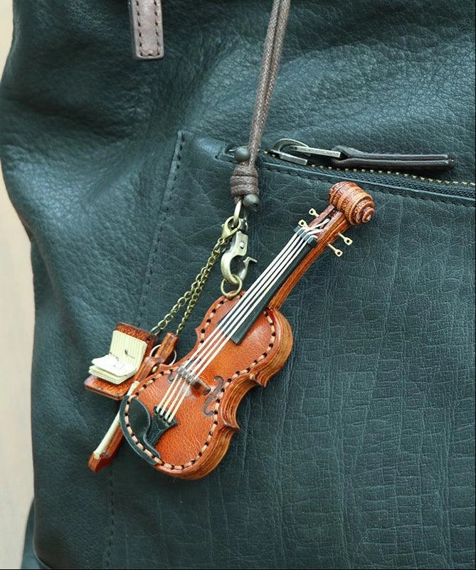 Handcrafted Full Grain Leather Mini Violin & Double Bass Bag Charm ?C Leather Musical Instrument Keychain Decoration Compact Everyday Functional Everyday