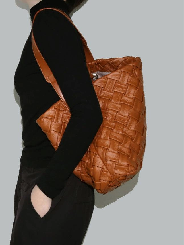 Handmade Soft Vegan Leather Woven Tote Bag for Women, Large Minimalist Commuter Shoulder Bag with Inner Pouch Lightweight Utility Modern Journey