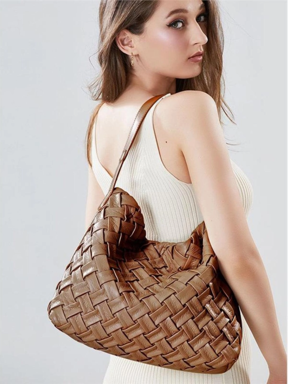 Modern Utility Functional Organizer Handmade Soft Vegan Leather Woven Tote Bag for Women, Large Minimalist Commuter Shoulder Bag with Inner Pouch