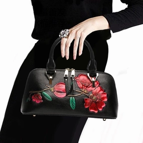 Weekend Escape Minimalist Appeal Floral Elegance Cowhide Leather Shoulder Bag | Handcrafted Embossed Banquet Bag