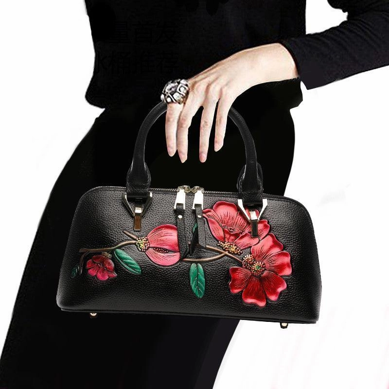 Weekend Escape Minimalist Appeal Floral Elegance Cowhide Leather Shoulder Bag | Handcrafted Embossed Banquet Bag