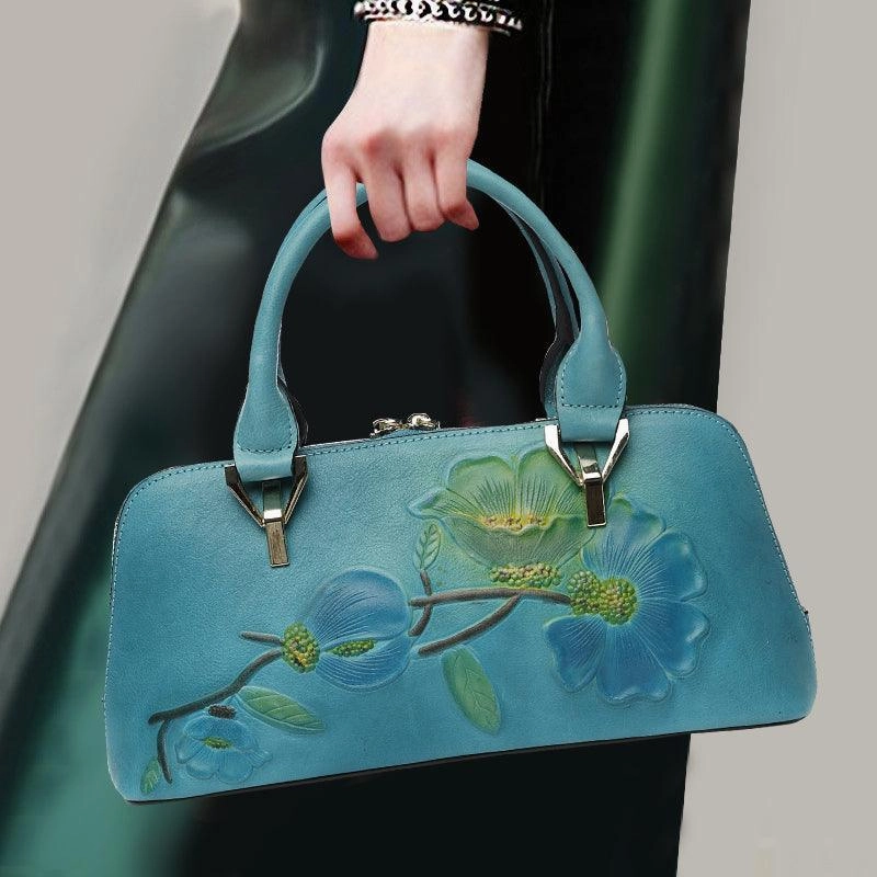 Floral Elegance Cowhide Leather Shoulder Bag | Handcrafted Embossed Banquet Bag Compact Design Work Routine