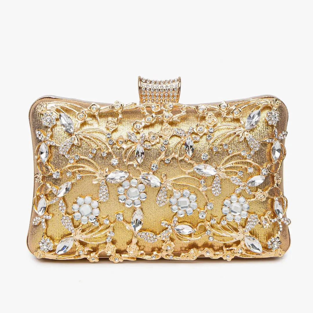 Formal Style Florence | Gold Floral Crystal Embellished Evening Clutch ?C Opulent Elegance